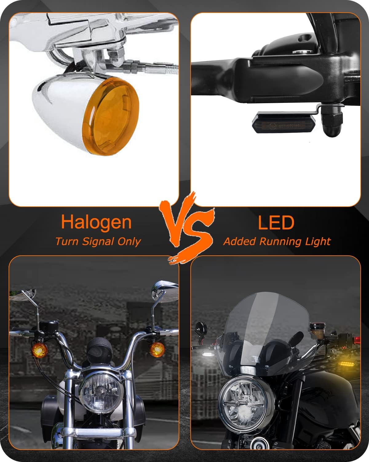 QUASCO Universal Motorcycle Turn Signals Sequential Front Led Blinkers Amber Lights Compatible with Harley Honda Yamaha Suzuki Kawasaki