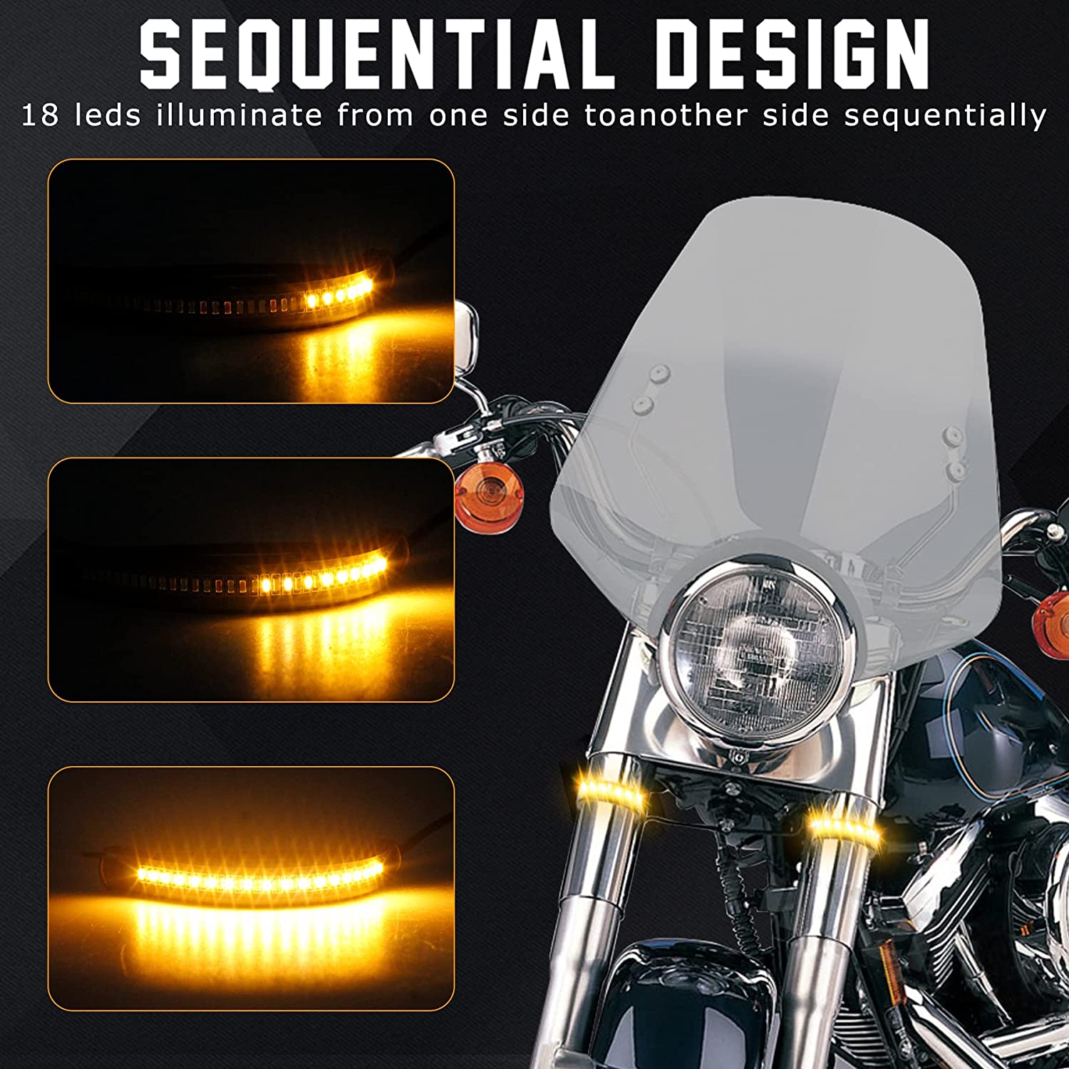 QUASCO Front Rear Motorcycle Led Turn Signals, Universal White Amber Fork Light Strip, Red Brake Tail Lights Compatible with Harley Cafe Racer Dual Sport Dirt Bike