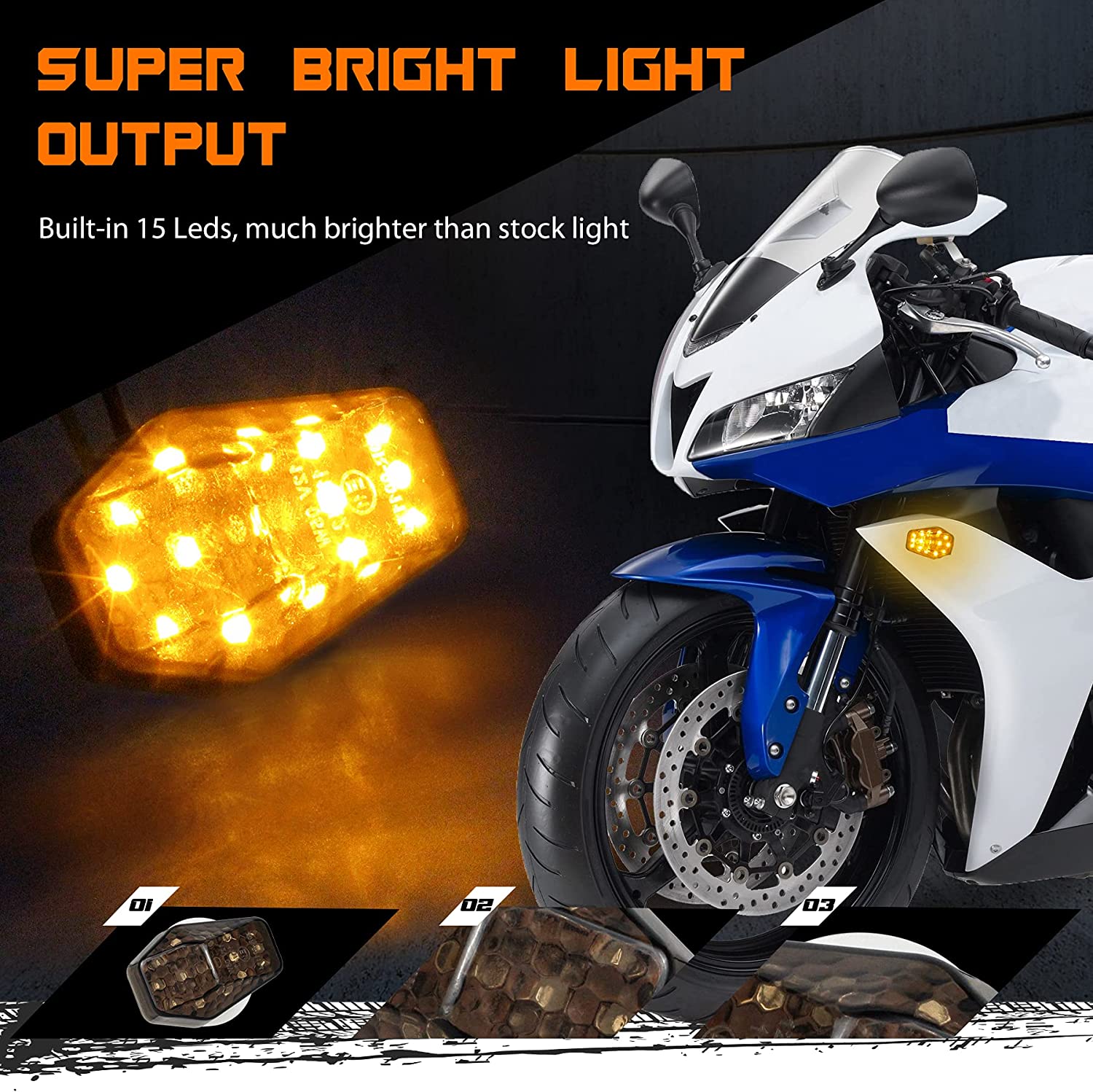 QUASCO LED Flush Mount Motorcycle Turn Signals Universal 12V Blinkers Smoked Lens Compatible with Sport Street Racing Bike Kawasaki Suzuki Yamaha, Amber