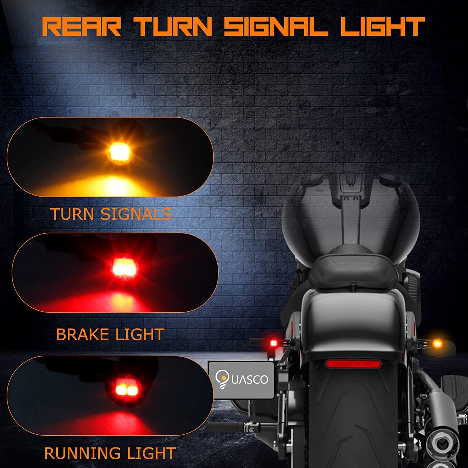 QUASCO Front Rear Motorcycle Turn Signals, Mini Size Led Brake Tail Lights Universal Compatible with Harley Honda Kawasaki Suzuki Triumph Yamaha