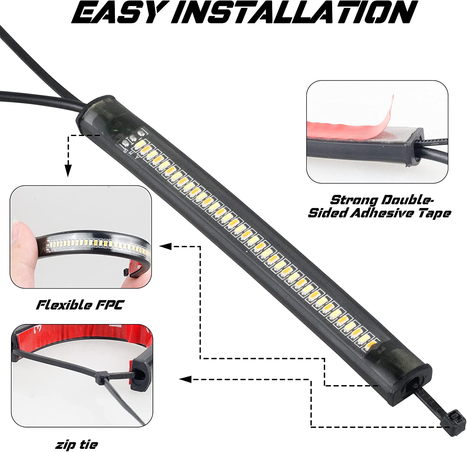 QUASCO Front Rear Motorcycle Led Turn Signals, Universal White Amber Fork Light Strip, Red Brake Tail Lights Compatible with Harley Cafe Racer Dual Sport Dirt Bike