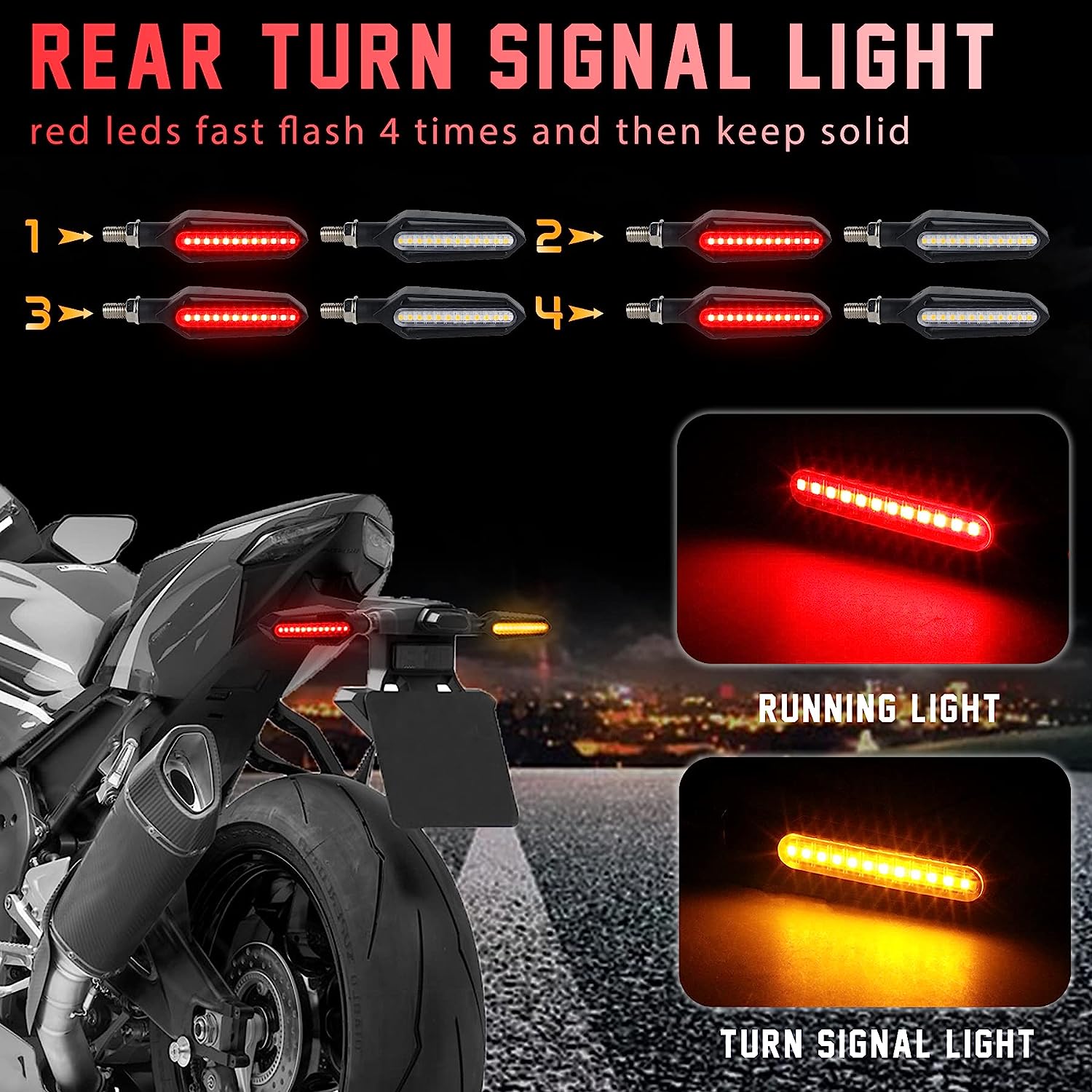 4PCS Universal Motorcycle Turn Signals, QUASCO Front Rear LED Turn Signal Lights Amber Blinkers for Motorbike Scooter Quad Cruiser Off Road Touring