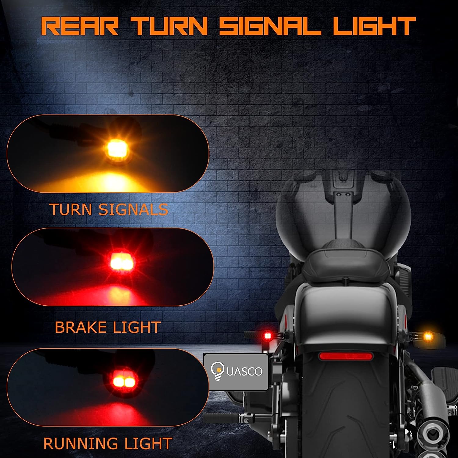 QUASCO Front Rear Motorcycle Turn Signals, Mini Size Led Brake Tail Lights Universal Compatible with Harley Honda Kawasaki Suzuki Triumph Yamaha